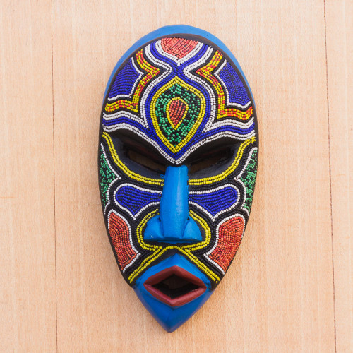 Recycled Plastic Beaded African Wood Mask from Ghana 'Beaded Love'