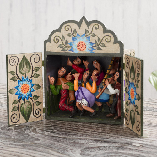 Dance-Themed Wood and Ceramic Retablo from Peru 'Dancing Party'