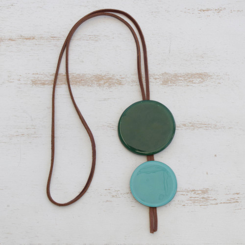 Green Glass and Leather Pendant Necklace from Brazil 'Green Eclipse'