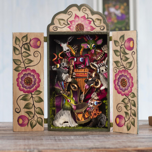 Whimsical Hand-Painted Wood and Ceramic Retablo from Peru 'Animal Orchestra'