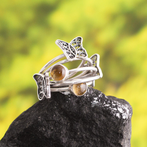 Butterfly-Themed Citrine Filigree Band Ring from Peru 'Gemstone Butterflies'