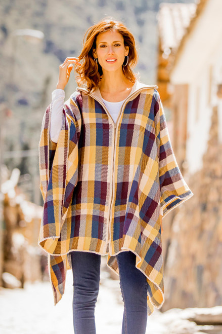 Alpaca Wool/Blend Poncho: Hooded, Blue Geometric Color Pattern