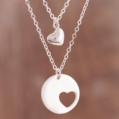 Heart-Shaped Sterling Silver Pendant Necklace from Peru 'Complementary Hearts'