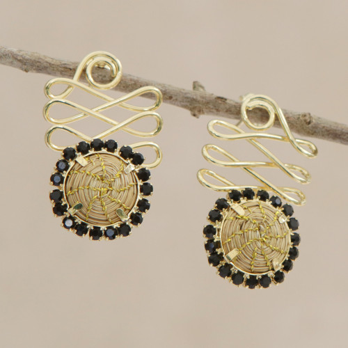 Gold Plated Golden Grass Earrings with Black Glass Beads 'Winding Journey in Black'