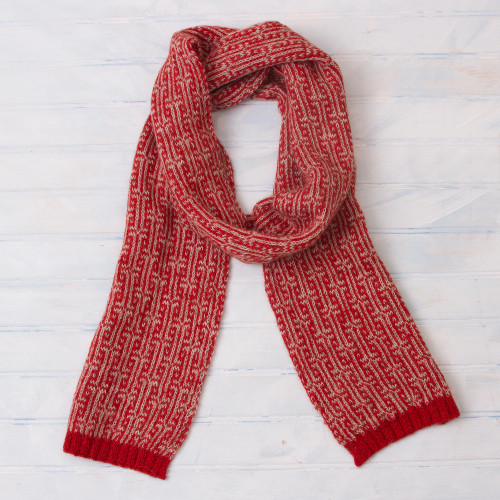 Labyrinth Pattern Crimson 100 Alpaca Wrap Scarf from Peru 'Crimson Labyrinth'