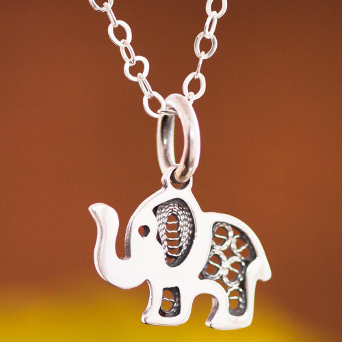 Sterling Silver Elephant with Filigree Pendant Necklace 'Fancy Elephant'