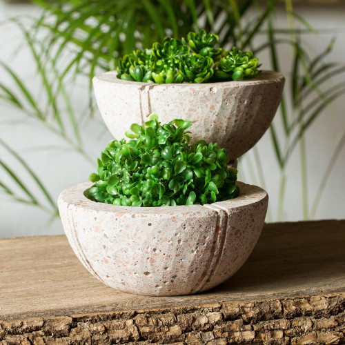 Round Reclaimed Stone Flower Pots from Mexico Pair 'Verdant Bowls'
