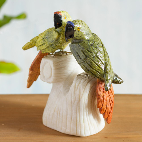 Gemstone Serpentine and Onyx Bird Figurine Sculpture Pair 'Parrot Love'