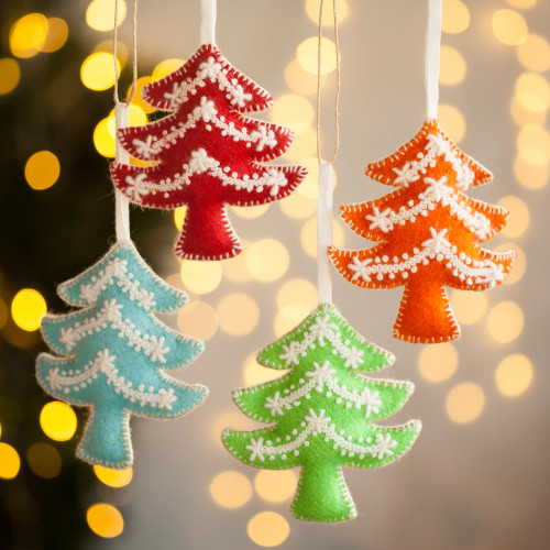 Assorted Wool Tree Ornaments from Peru Set of 4 'Vibrant Trees'