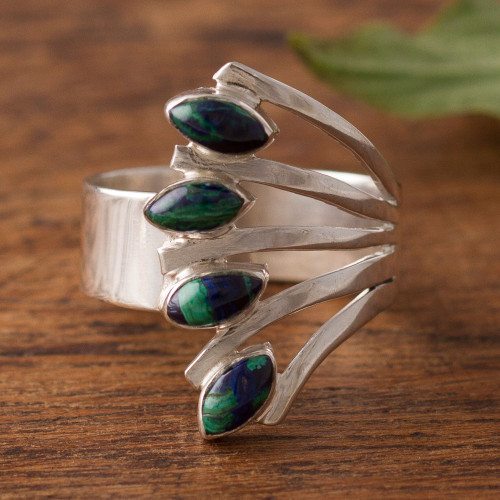 Azurite and Silver Multi-Stone Ring from Peru 'Radiant Leaves'