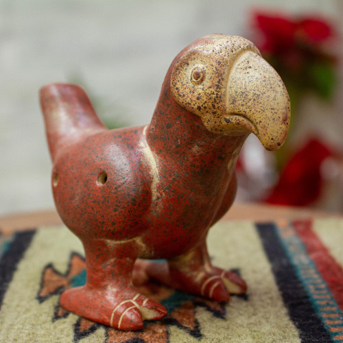 Ceramic Russet and Beige Bird Decorative Flute from Mexico 'Parakeet'