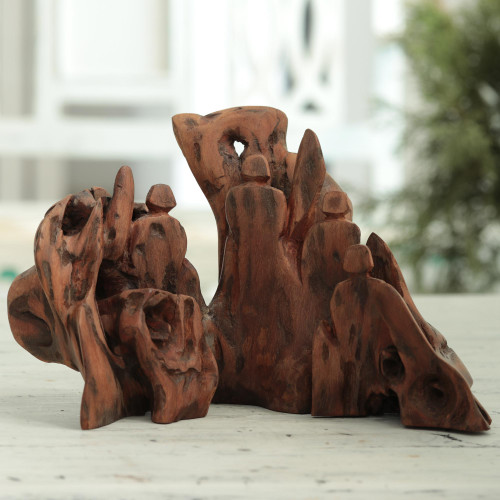 Friendship-Themed Sal Driftwood Sculpture from India 'Happy Memories II' Friendship-Themed Sal Driftwood Sculpture from India 'Happy Memories II'