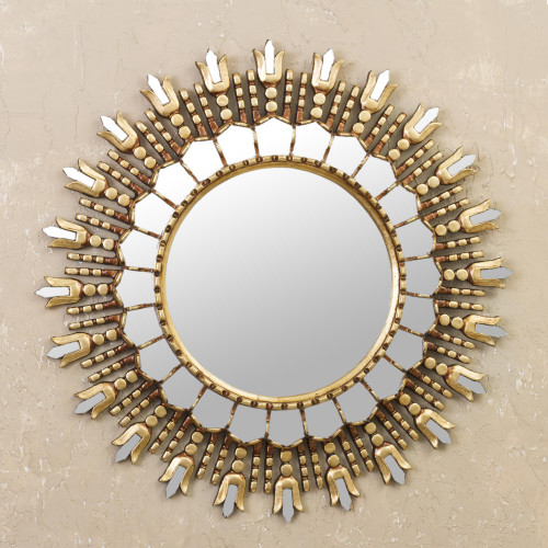 Artisan Crafted Bronze Gilded Wood Wall Mirror from Peru 'Elegant Rays'