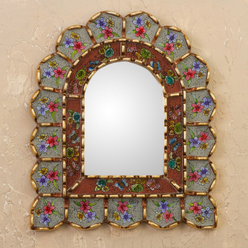 Reverse-Painted Glass Wood Wall Mirror with Floral Motifs 'Sweet Arrangement'