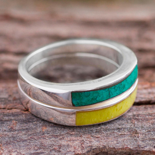 Serpentine and Chrysocolla Band Rings from Peru Pair 'Dual Enchantment'