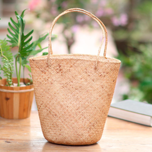 Handwoven Natural Tan Rattan Open Top Tote 'Natural Tan'