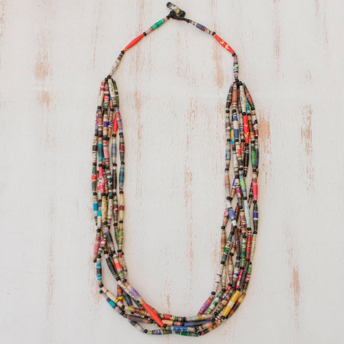 Hand Made Recycled Paper Long Necklace 'Rainbow Paths'