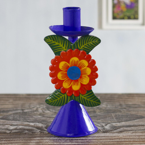 Hand Painted Floral Metal Candlestick 'Andean Flora in Royal'