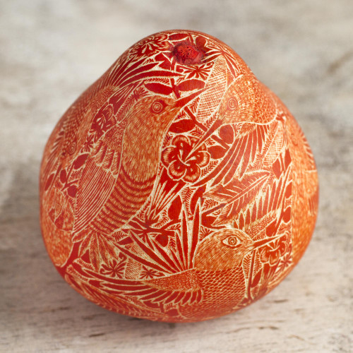 Engraved Dried Gourd Orange Hummingbird Figurine 'Sunset Hummingbirds'