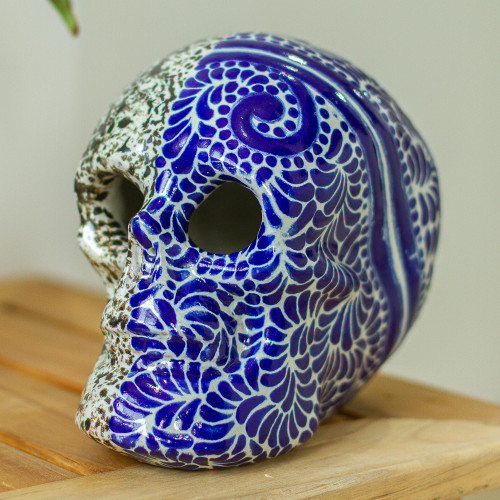 Handmade Talavera Style Two-Sided Skull Sculpture 'Skull Dichotomy'