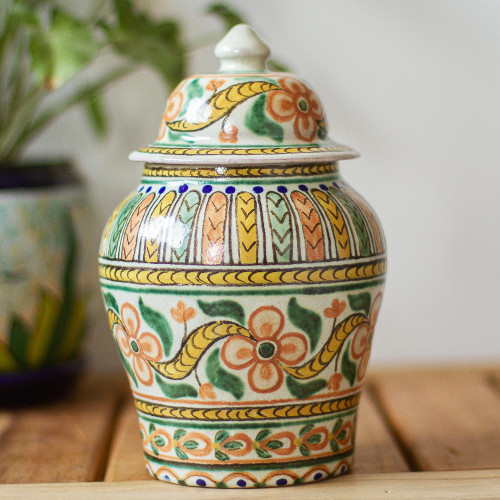 Handmade Floral Talavera Style Decorative Ginger Jar 'Puebla Peach Blossoms'