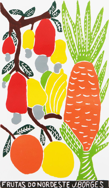 Brazil Tropical Fruit Color Woodcut Print by J. Borges 'Fruits of Brazil's Northeast'