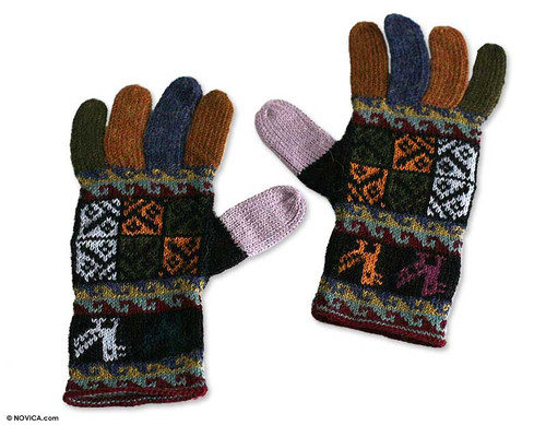 Warm Multi Color 100 Alpaca Hand Knit Gloves from Peru 'Autumn Songbirds'