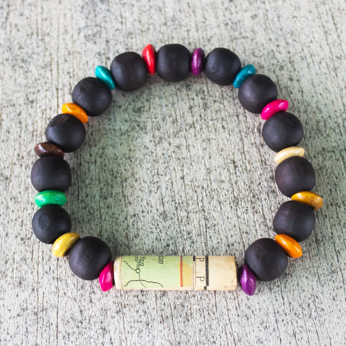 Unisex Sese Wood Bracelet with Recycled World Map Bead 'Seize the Day'