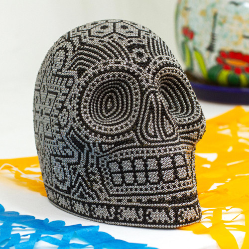 Black and Grey Beaded Skull Figurine with Huichol Symbols 'Our Children'