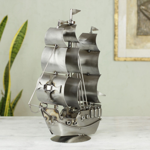 Handcrafted Mexican Recycled Metal Rustic Boat Sculpture 'Rustic Galleon'