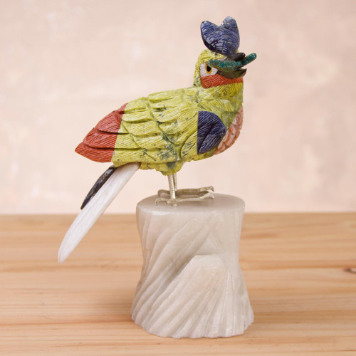 Handmade Serpentine and Onyx Bird Sculpture from Peru 'Hungry Kingfisher'