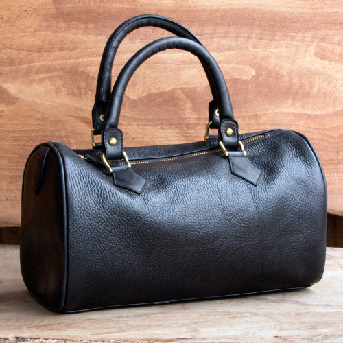 Mexican Black Leather Baguette Handbag 'Guadalajara'