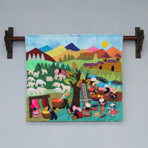 Cultural Cotton Wall Hanging from Peru 'Working with Wool'