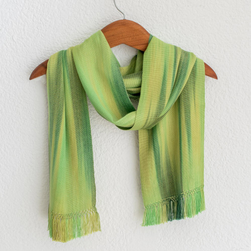 Light and Dark Green Hand Woven Rayon Scarf 'Iridescent Green Pastels'