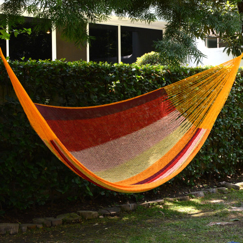 Mexican Cotton Double Hammock in Burgundy Pink and Yellow 'Tropical Paradise'