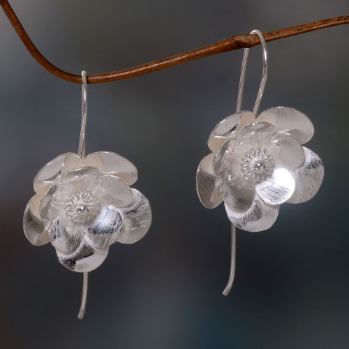 Flower Blossom Drop Earrings in Brushed Sterling Silver 'Silver Bloom'