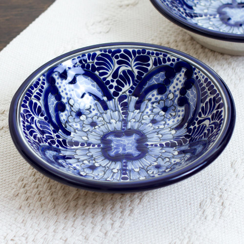 Talavera Style Ceramic Blue Floral BowlsPair 'Puebla Kaleidoscope'