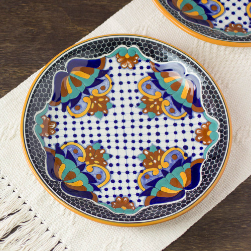 Artisan Crafted Ceramic 12-inch Dinner Plates Pair 'Zacatlan Flowers'