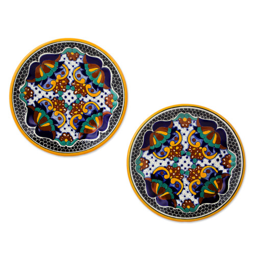 Mexican Talavera Style 8-Inch Salad Plates Pair 'Zacatlan Flowers'