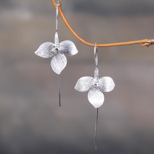 Artisan Crafted Sterling Silver Floral Drop Earrings 'Silver Tri Flower'