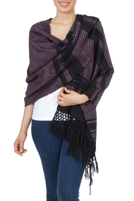 Black and Rosy Pink Handwoven Zapotec Rebozo Shawl 'Fiesta in Black and Rose'