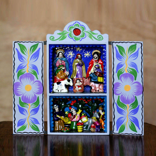 Christmas Nativity Retablo Folk Art Handmade in Peru 'Blue Christmas'