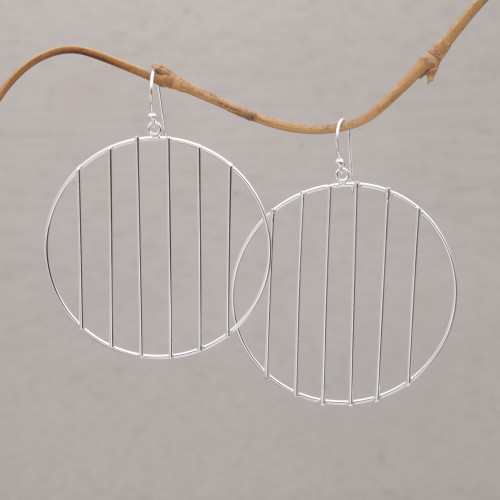 Sterling Silver Vertical Lines Circle Dangle Earrings 'Linescope'