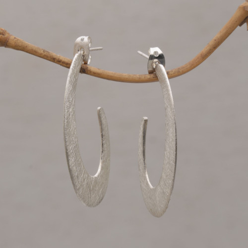 Brushed Sterling Silver Half Hoop Post Earrings 'Elliptical Orbit'