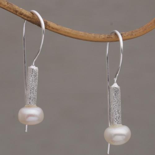 Contemporary Drop Earrings with White Cultured Pearls 'Subtle Finesse'