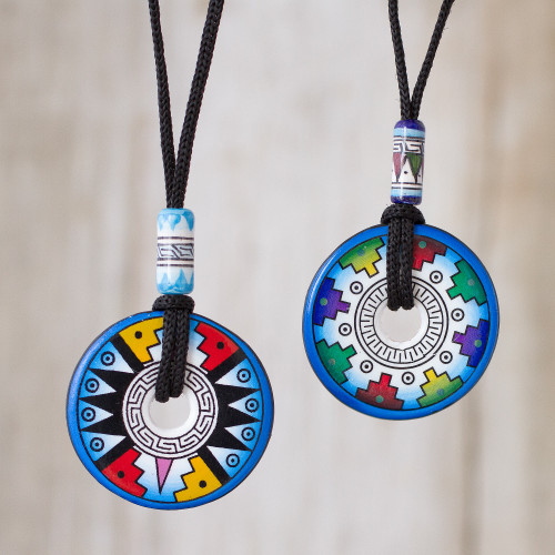 Pair of Blue and White Geometric Ceramic Pendant Necklaces 'Evening Fiesta'