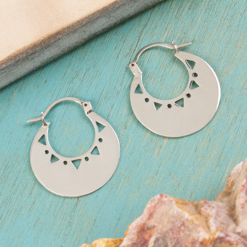 High-Polish Sterling Silver Hoop Earrings from Mexico 'Triangle Glow'
