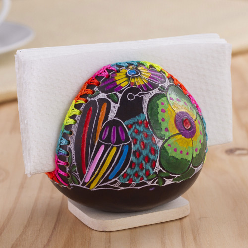 Colorful Bird and Flowers Hand Painted Gourd Napkin Holder 'Bright Song'