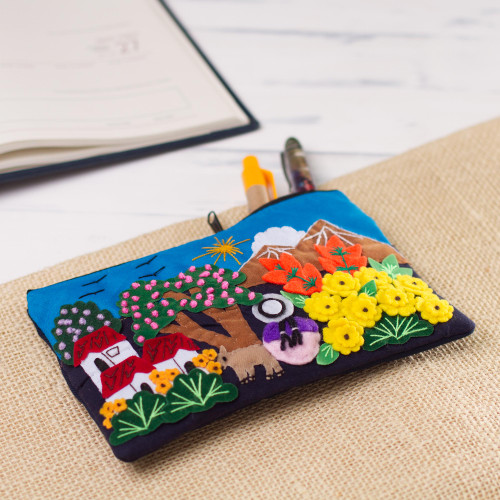 Colorful Mountain Home Cotton Blend Appliqu Pencil Case 'Mountain Home'