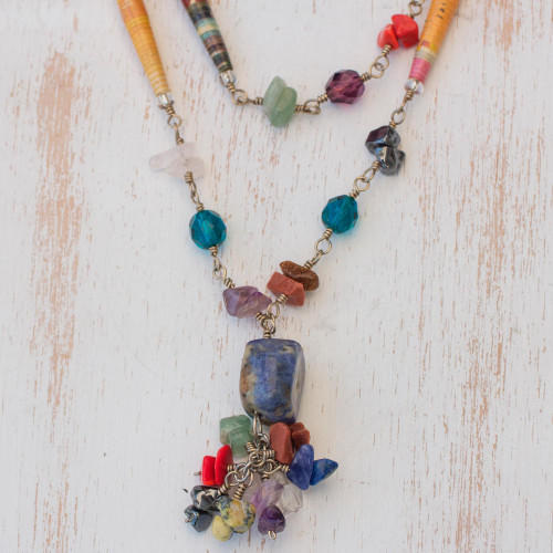 Recycled Paper and Gemstone Y Necklace 'Recycling Rainbows'